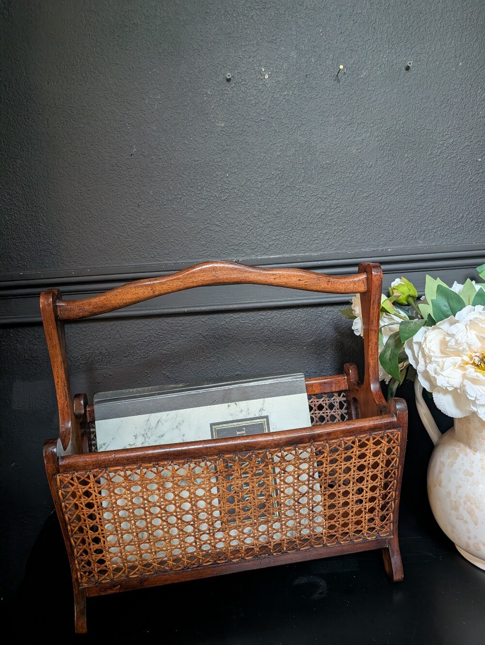 Vintage mid-century Italian wood / woven cane magazine holder, arched top handle